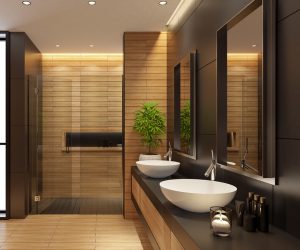 Luxurious bathroom with natural stone tiles and oval sink. Walk-in bath. 3d rendering